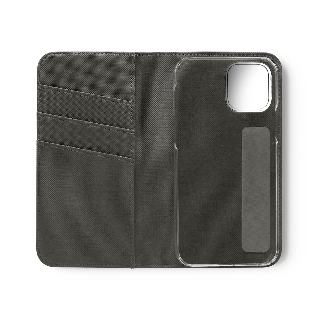 Wallet phone case with card slots open view inside is dark grey in color 3 card slots