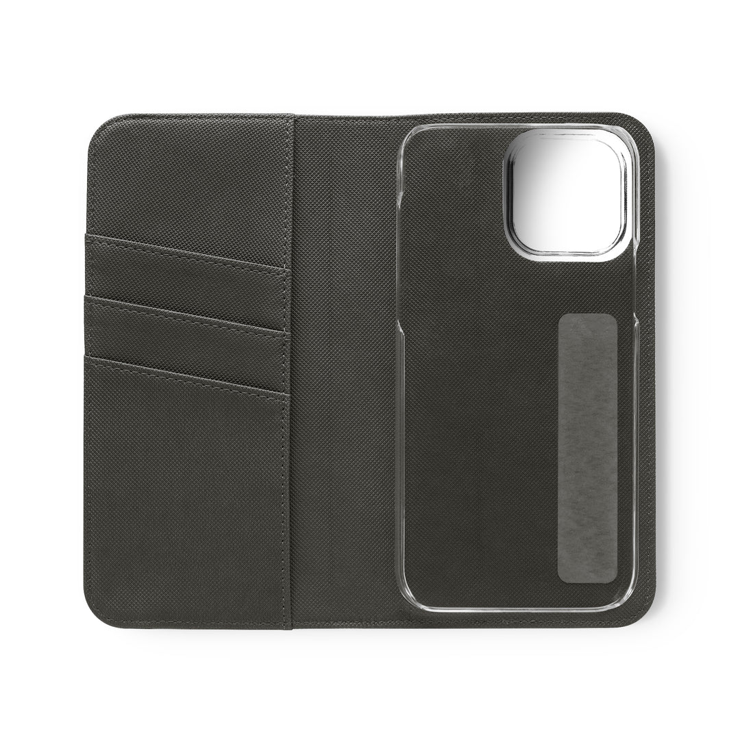 Wallet phone case with card slots open view inside is dark grey in color 3 card slots