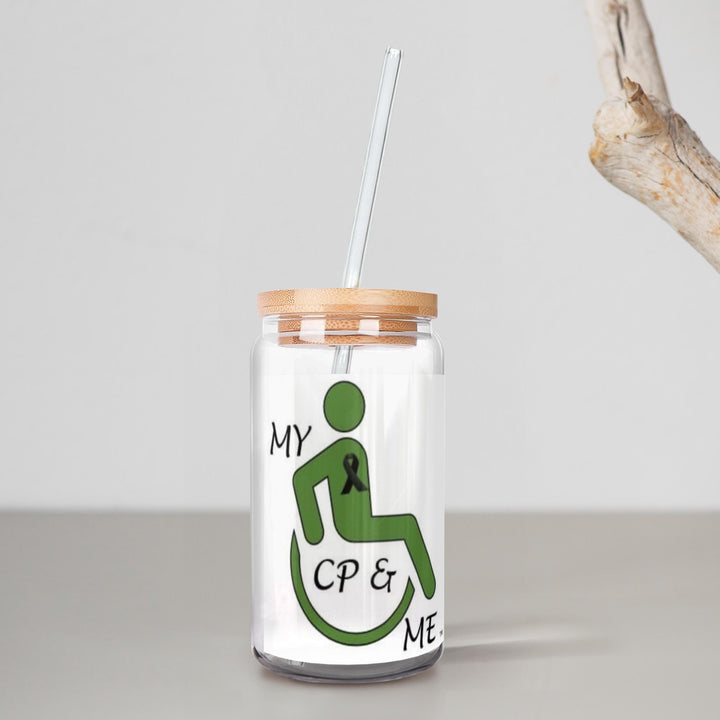 Glass jar with logo on it with wooden lid and straw