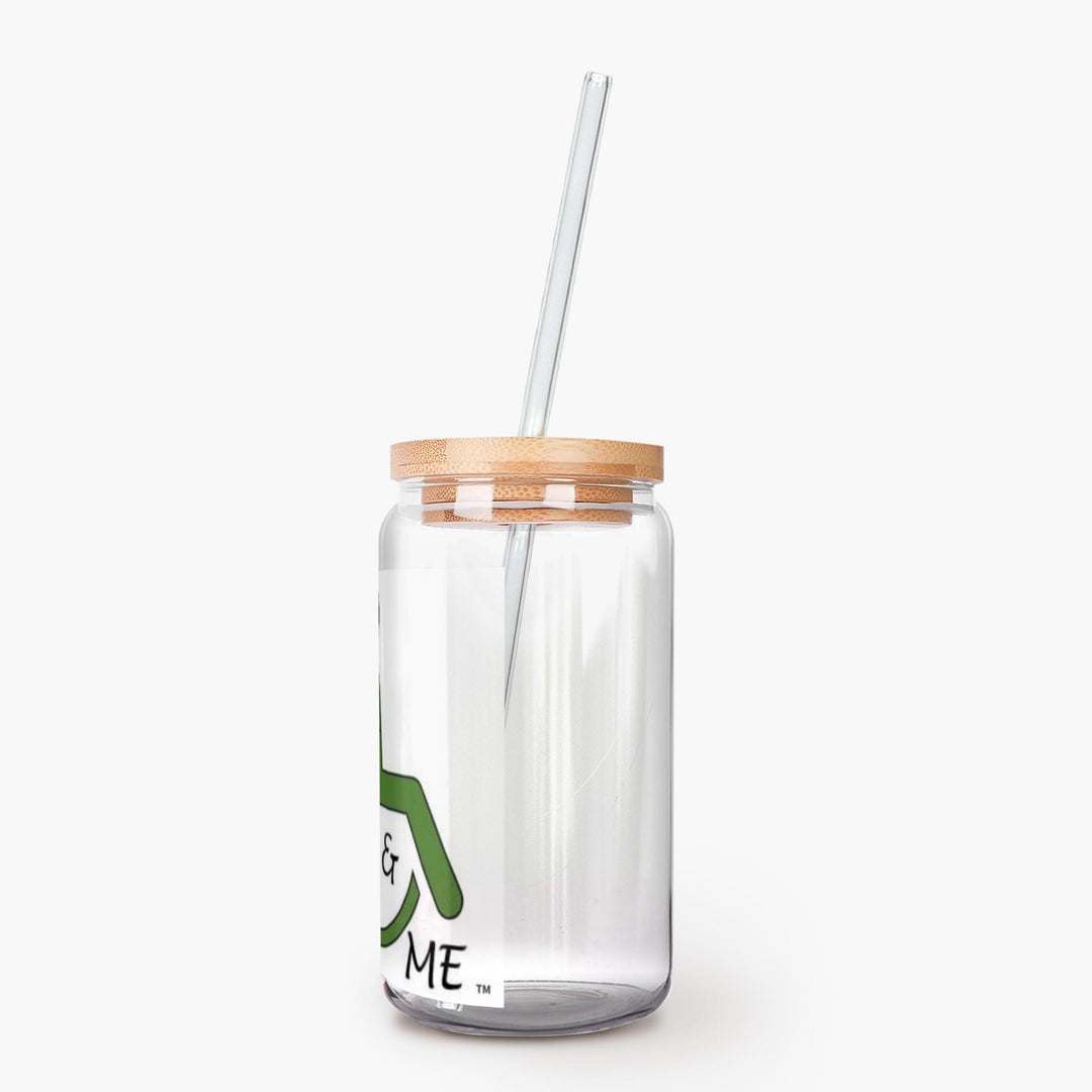 Glass jar with logo on it, wooden lid and straw