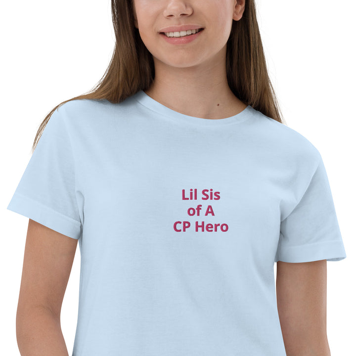 Lil Sis of A CP Hero Youth jersey t-shirt Pink - The My CP & Me Store